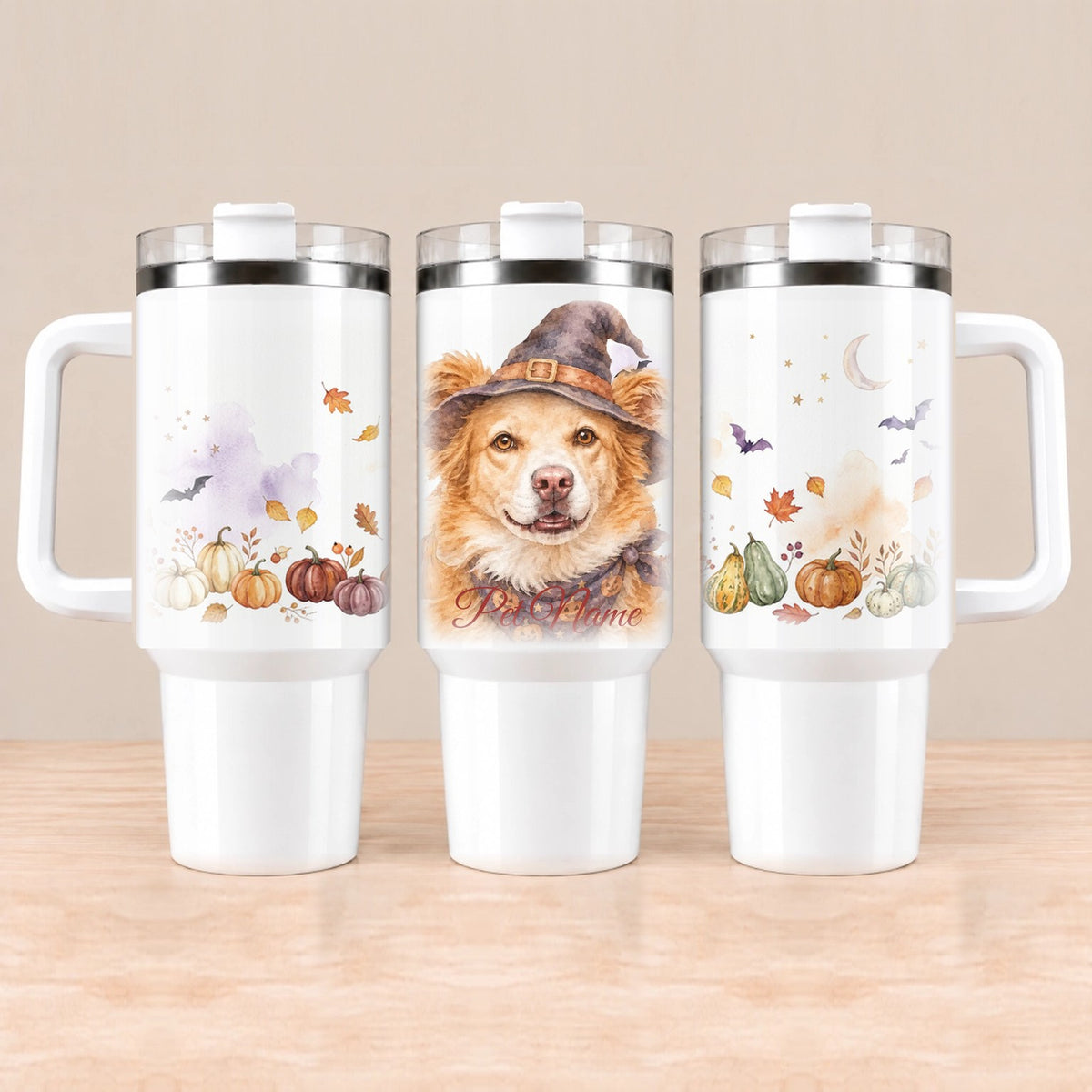 Halloween Pet Portrait Travel Mug 40oz with custom pet portrait in a witch hat and name