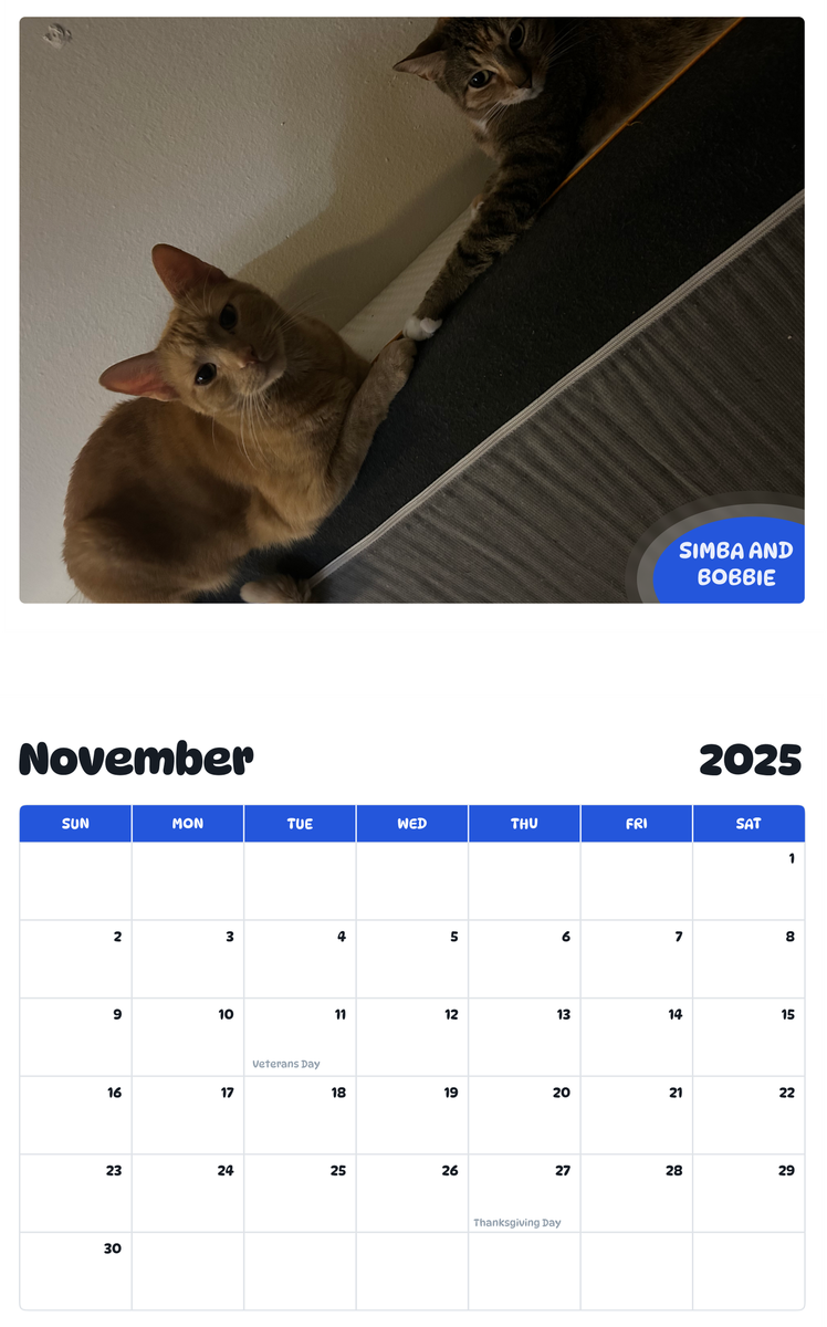 July 2025 - June 2026 Simba and Bobbie - Pawidols Pet Calendar