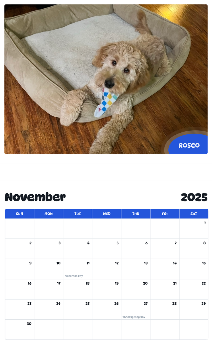 July 2025 - June 2026 Rosco - Pawidols Pet Calendar