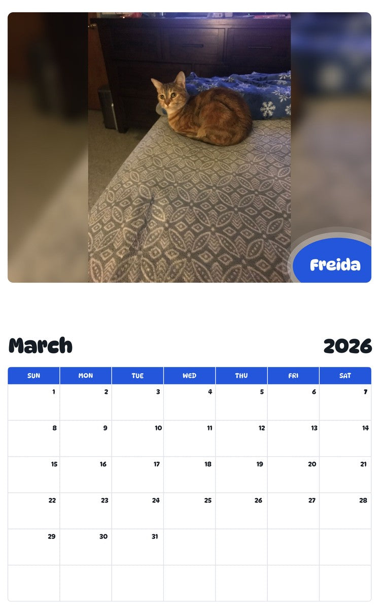 November 2025 - October 2026 Freida - Pawidols Pet Calendar