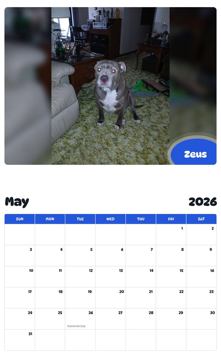 2026 - 2027 Zeus - Pawidols Pet Calendar