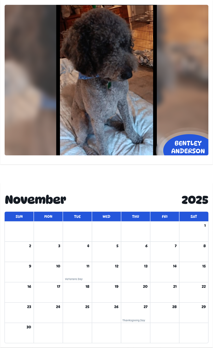 July 2025 - June 2026 Bentley Anderson - Pawidols Pet Calendar