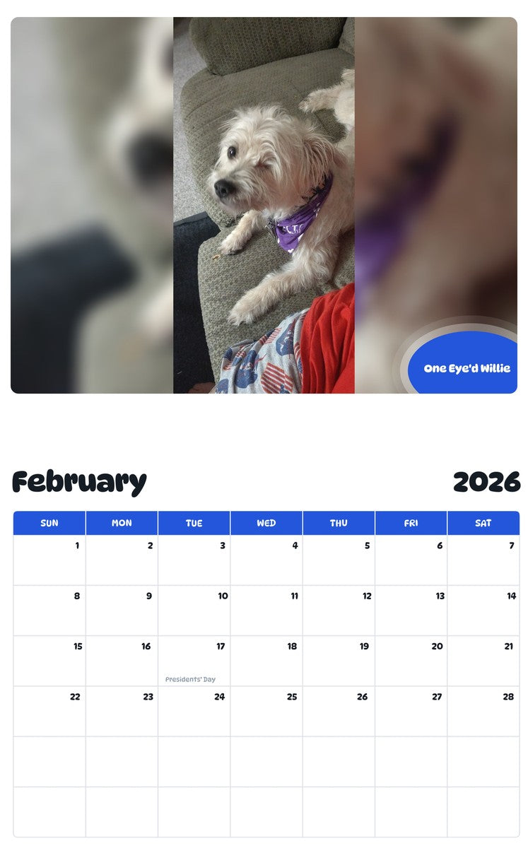 October 2025 - September 2026 One Eye'd Willie - Pawidols Pet Calendar