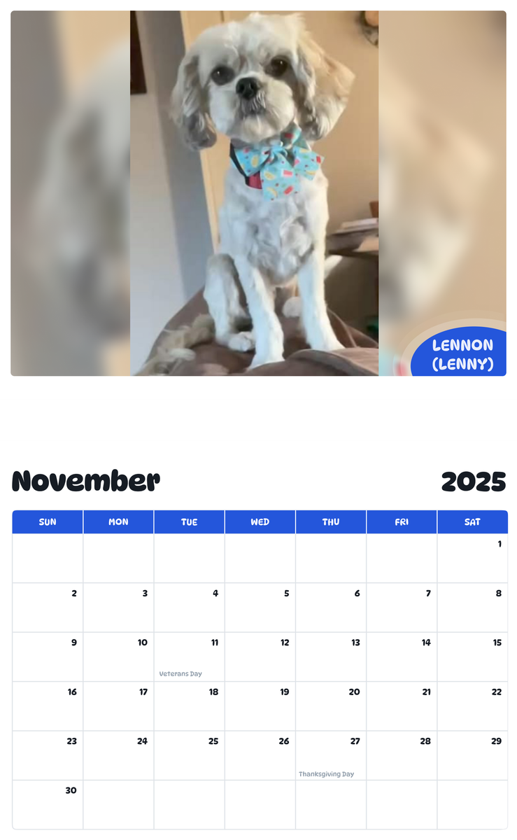 July 2025 - June 2026 Lennon (Lenny) - Pawidols Pet Calendar