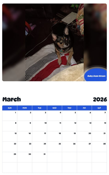 November 2025 - October 2026 Ruby Jean Green - Pawidols Pet Calendar