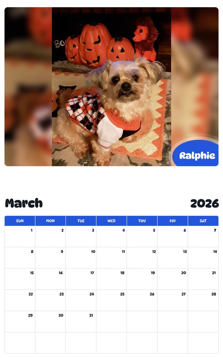 November 2025 - October 2026 Ralphie - Pawidols Pet Calendar