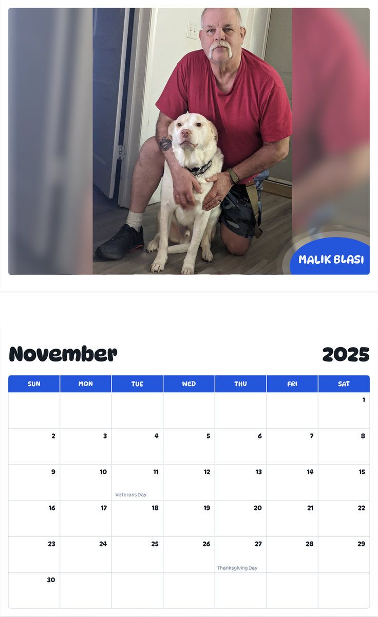 July 2025 - June 2026 Malik Blasi - Pawidols Pet Calendar