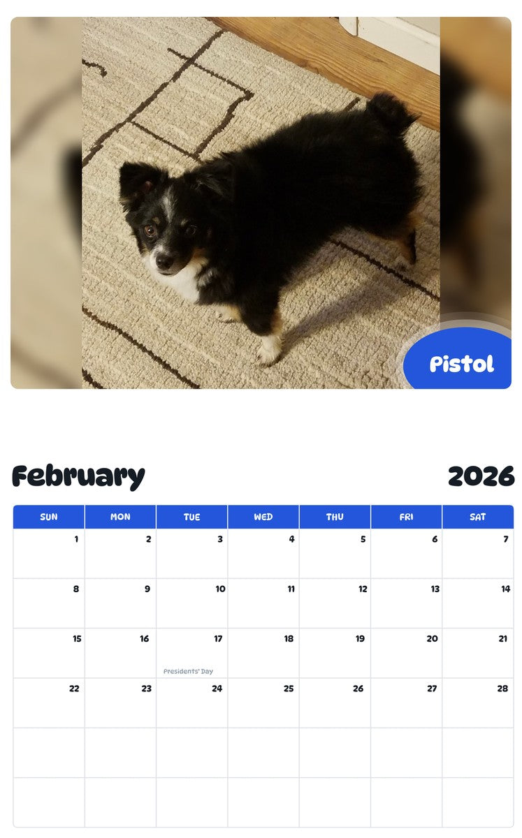October 2025 - September 2026 Pistol - Pawidols Pet Calendar