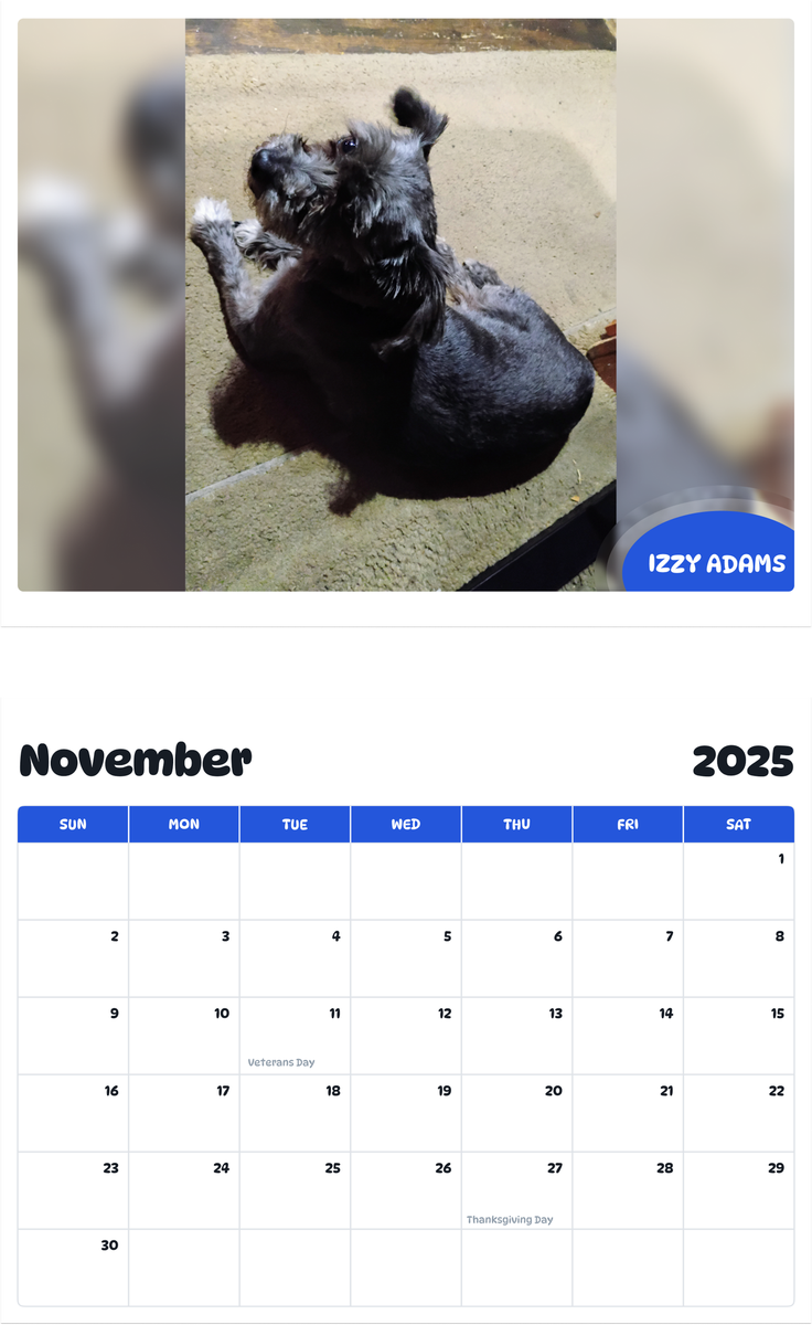 July 2025 - June 2026 Izzy Adams - Pawidols Pet Calendar