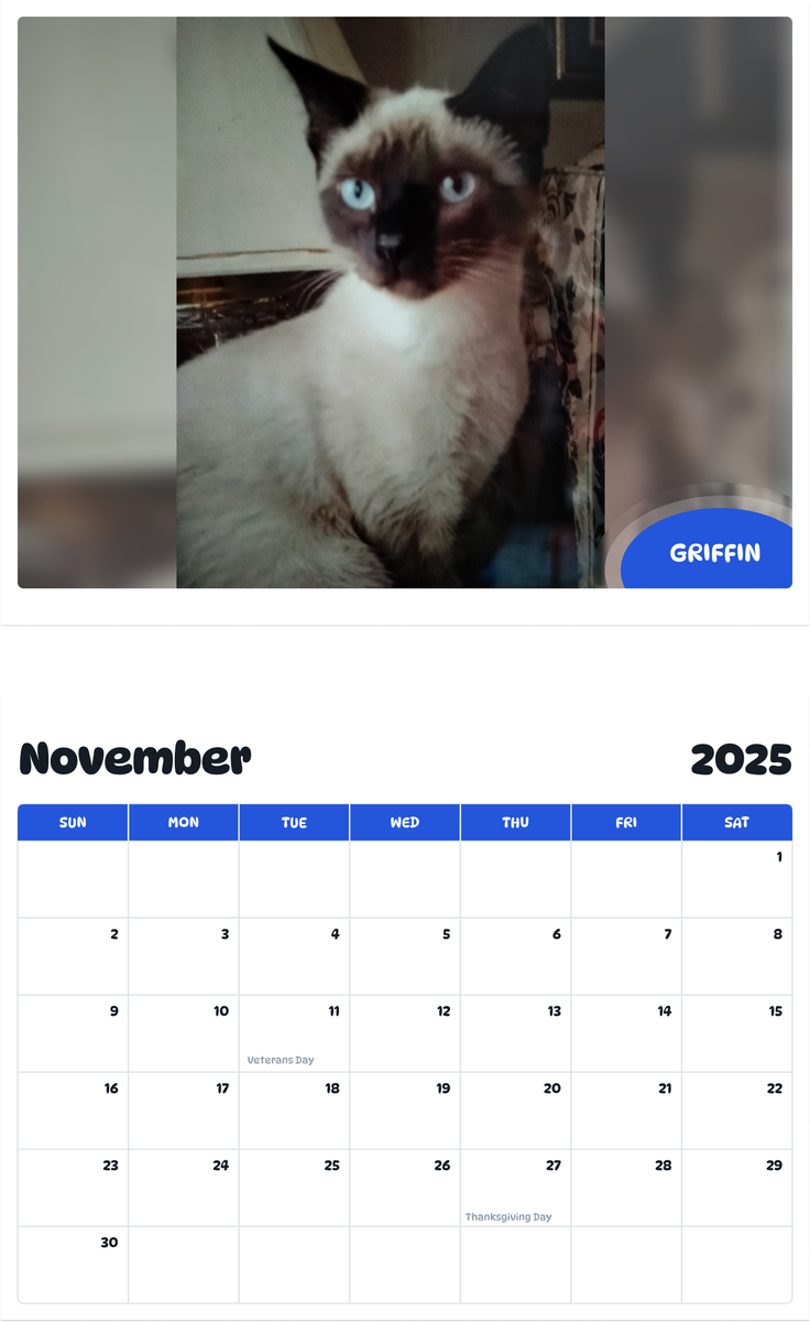 July 2025 - June 2026 Griffin - Pawidols Pet Calendar