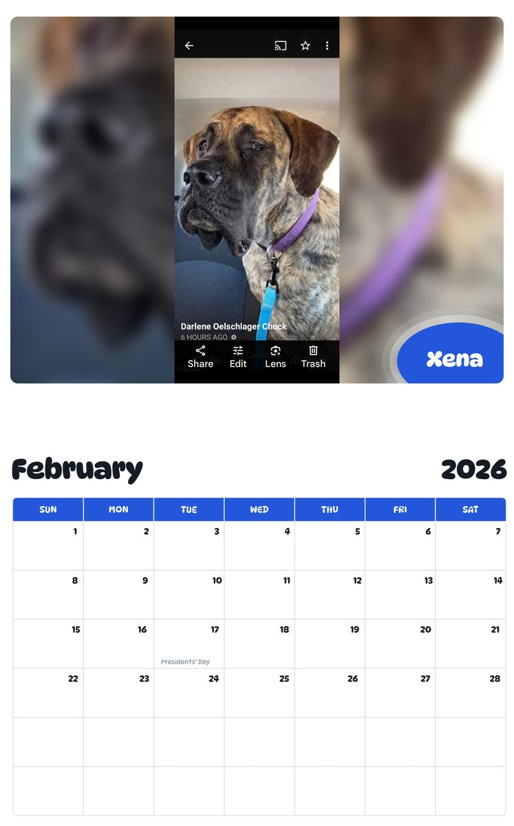 October 2025 - September 2026 Xena - Pawidols Pet Calendar