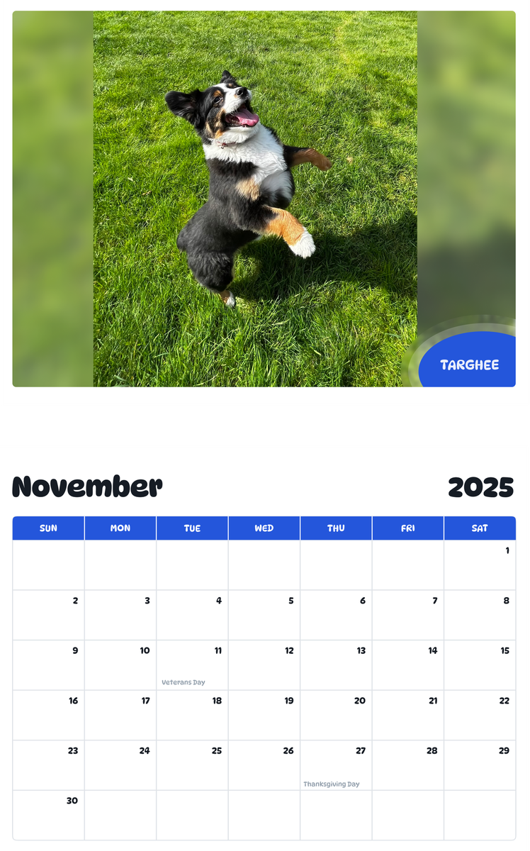 July 2025 - June 2026 Targhee - Pawidols Pet Calendar