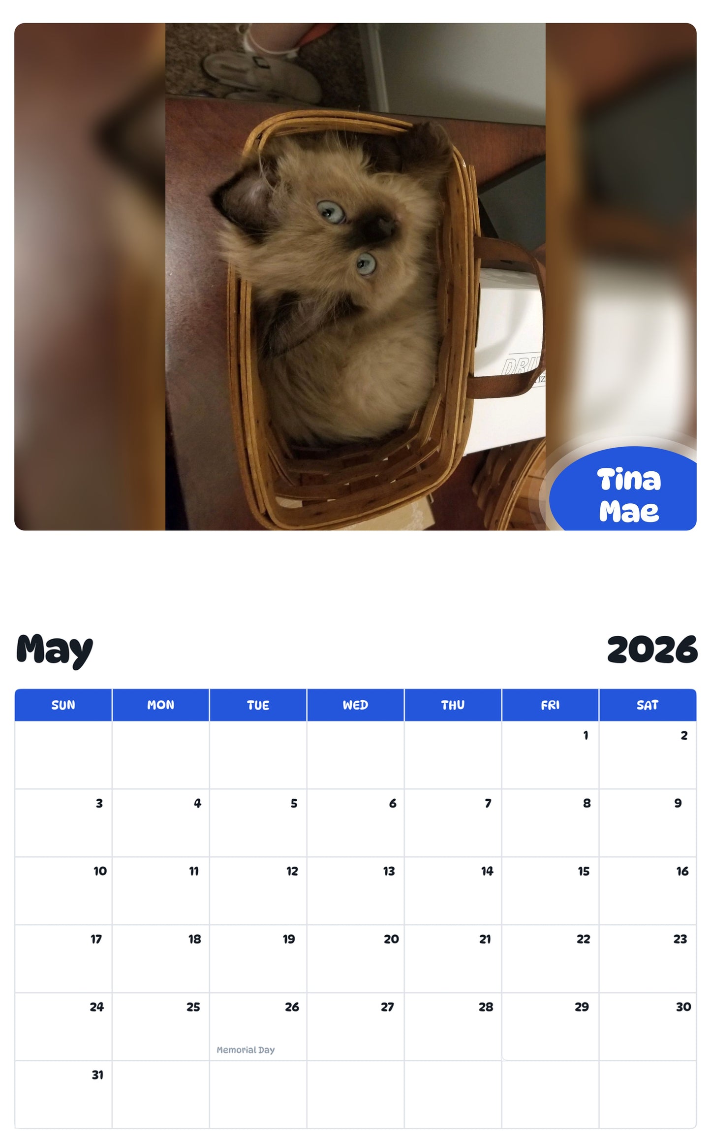 2026 - 2027 Tina Mae - Pawidols Pet Calendar