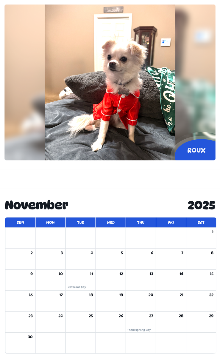 July 2025 - June 2026 Roux - Pawidols Pet Calendar