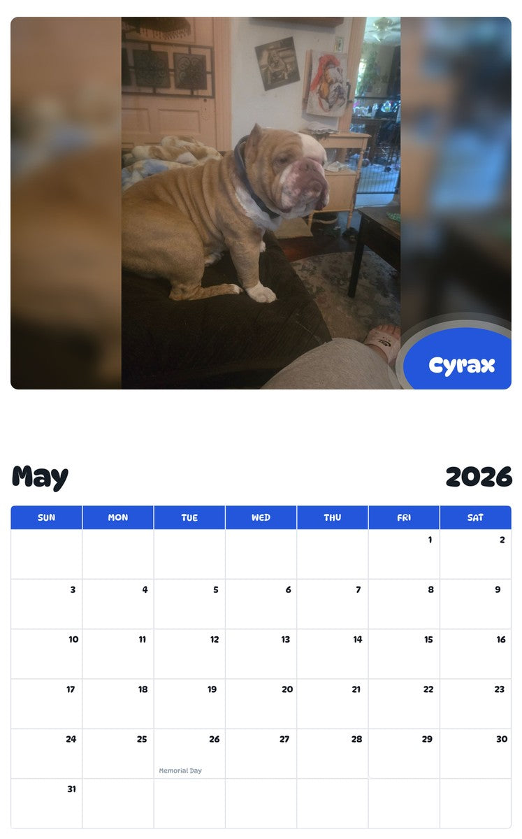 2026 - 2027 Cyrax - Pawidols Pet Calendar