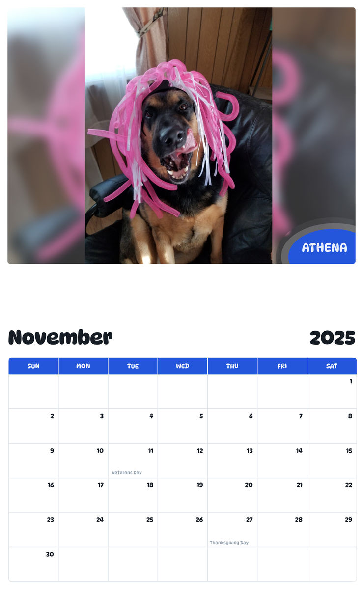 July 2025 - June 2026 Athena - Pawidols Pet Calendar