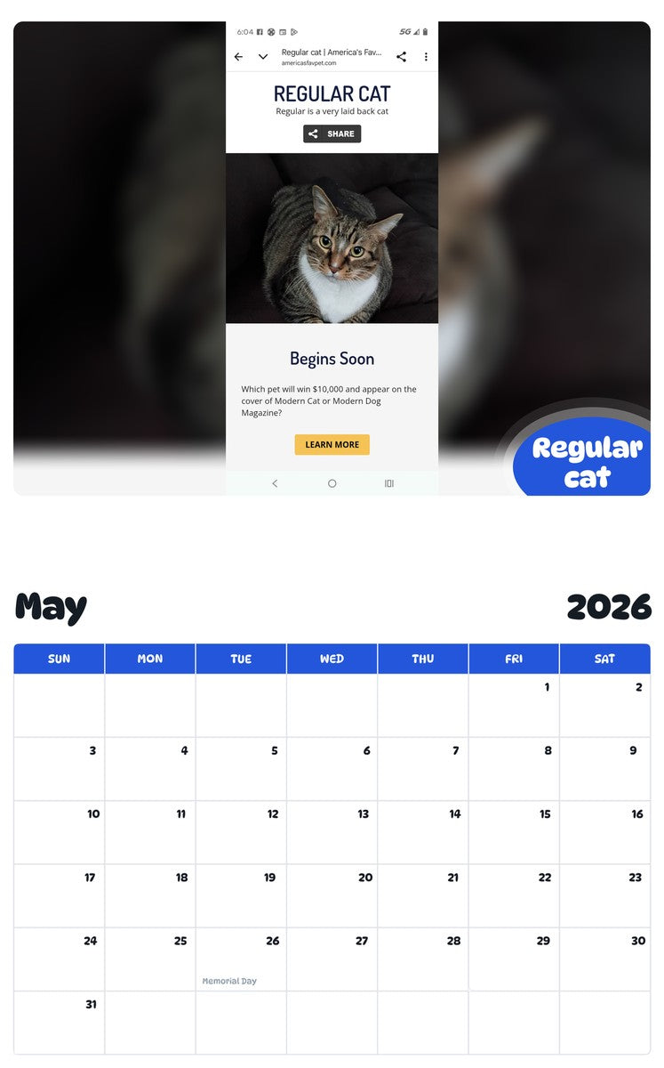 2026 - 2027 Regular cat - Pawidols Pet Calendar