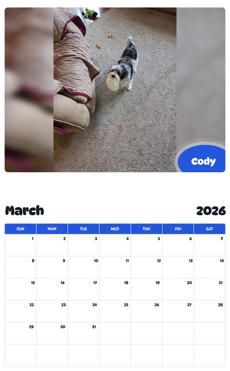 November 2025 - October 2026 Cody - Pawidols Pet Calendar