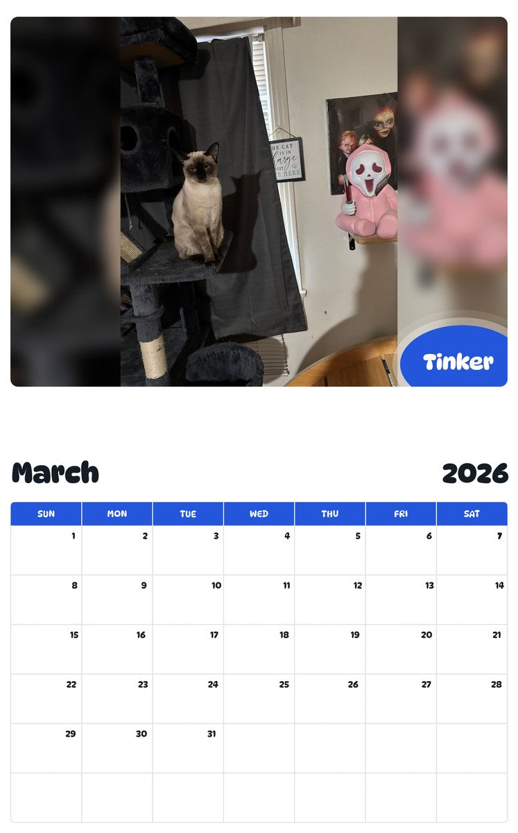 November 2025 - October 2026 Tinker - Pawidols Pet Calendar
