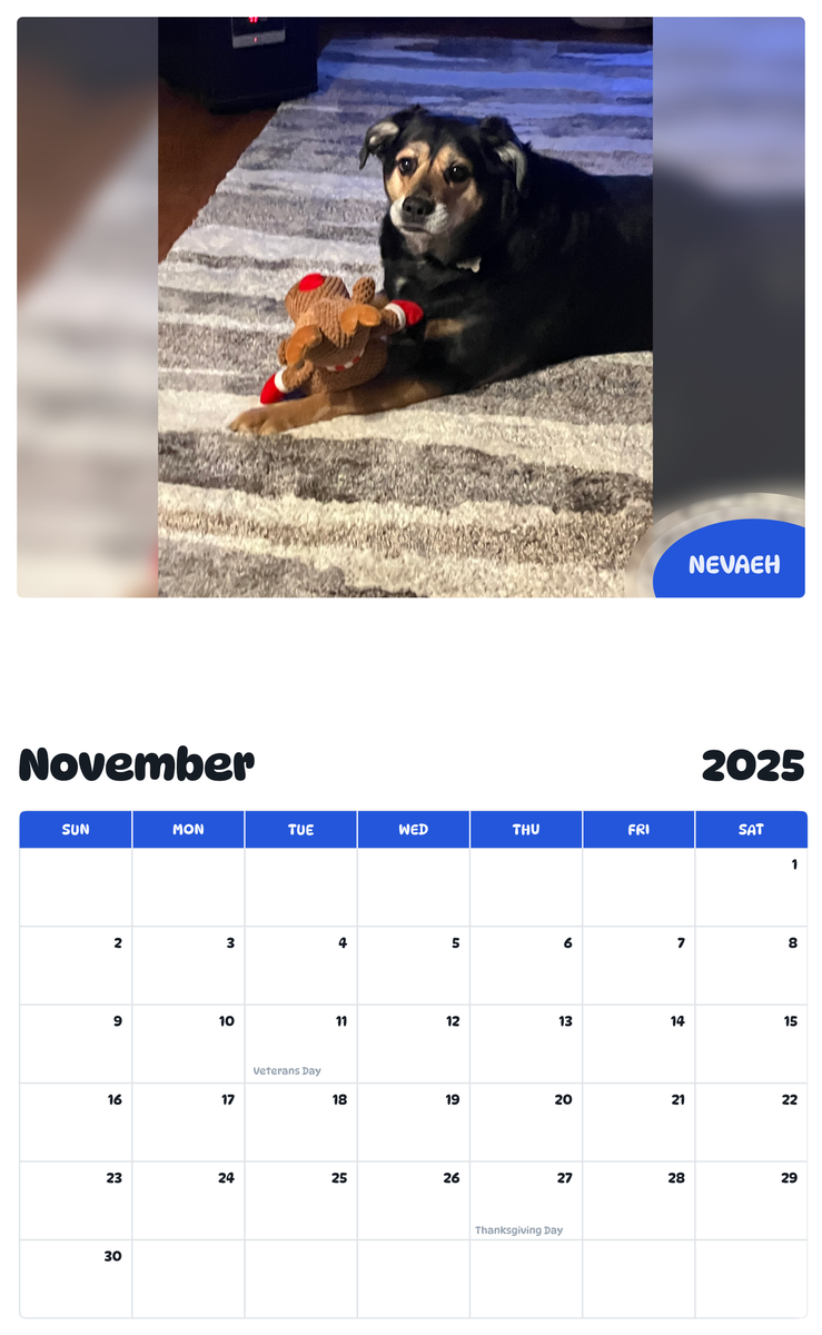 July 2025 - June 2026 Nevaeh - Pawidols Pet Calendar