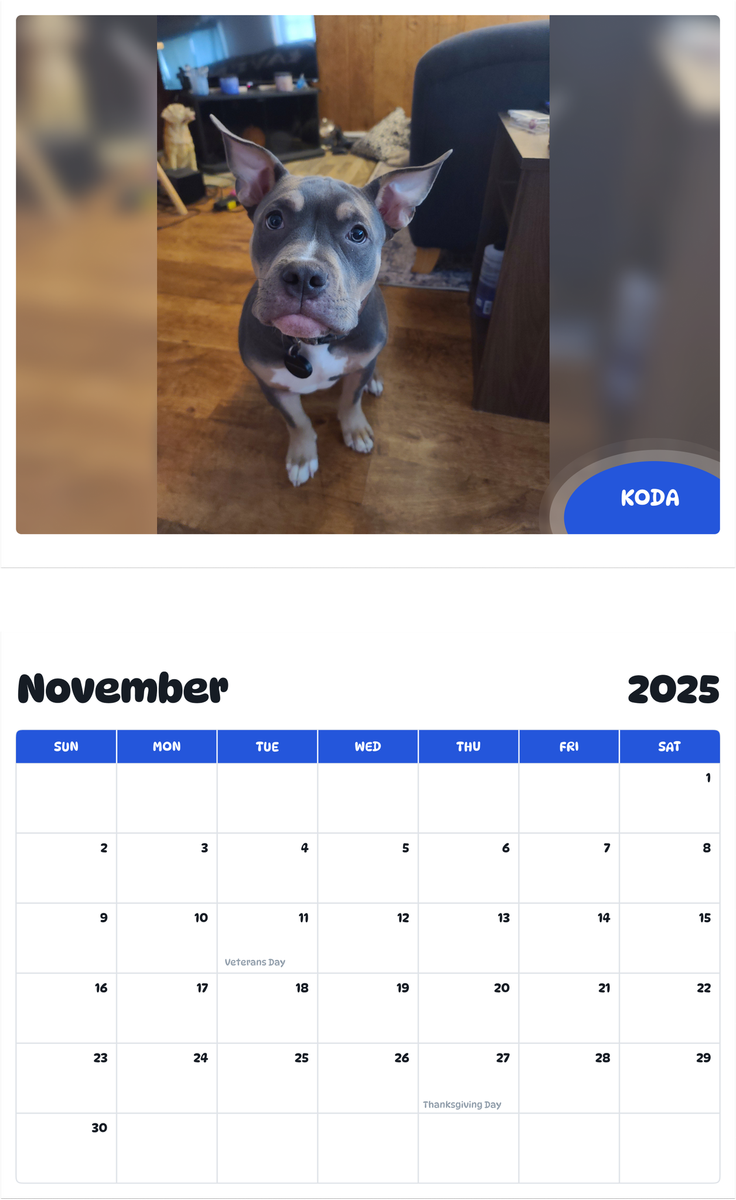 July 2025 - June 2026 Koda - Pawidols Pet Calendar