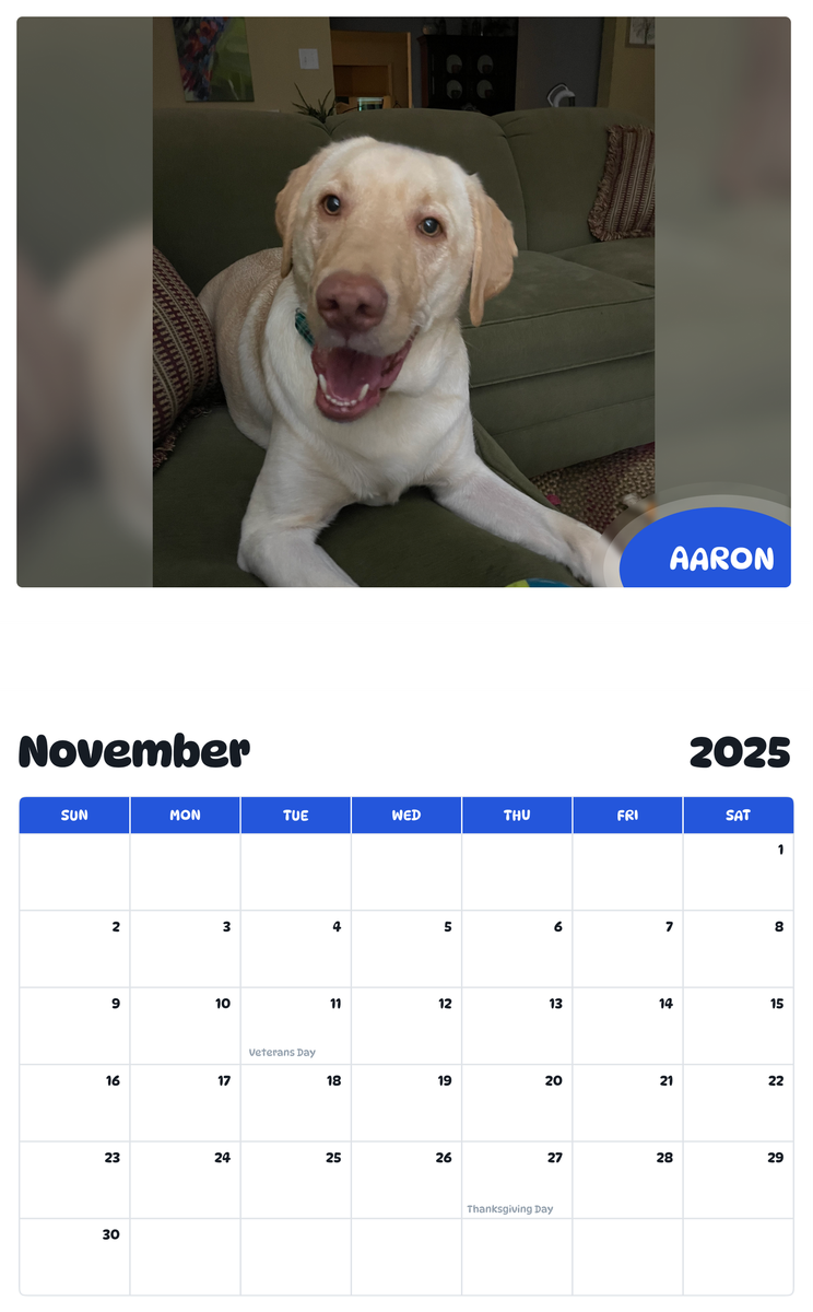 July 2025 - June 2026 Aaron - Pawidols Pet Calendar