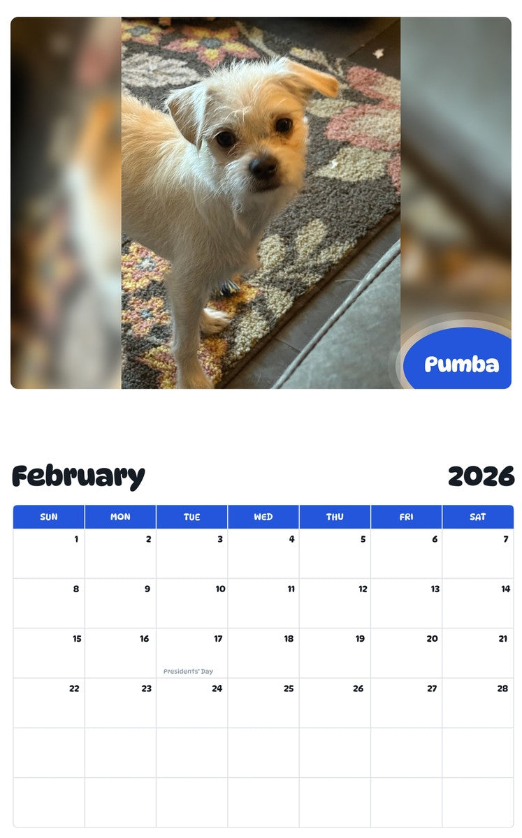 October 2025 - September 2026 Pumba - Pawidols Pet Calendar