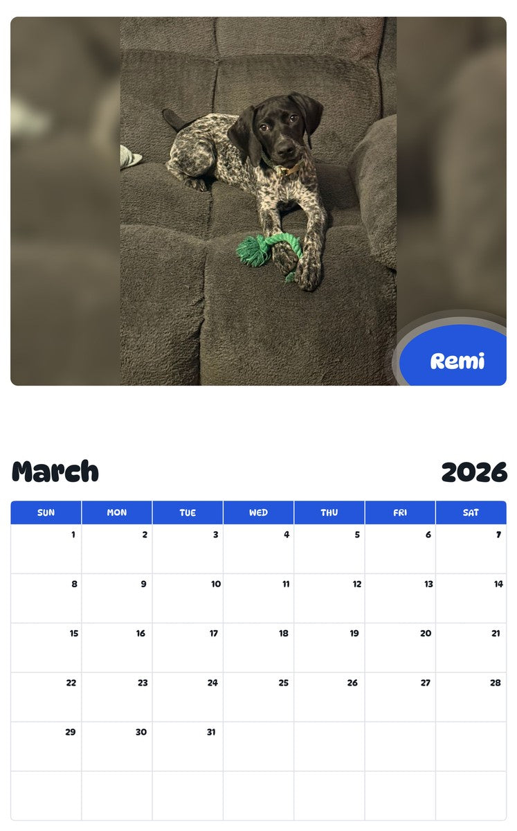 November 2025 - October 2026 Remi - Pawidols Pet Calendar