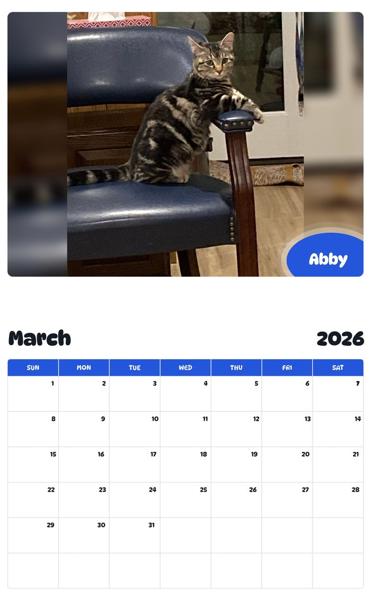 November 2025 - October 2026 Abby - Pawidols Pet Calendar