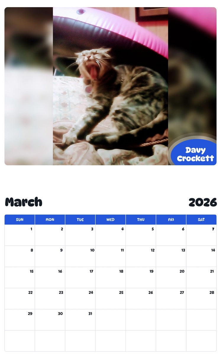 November 2025 - October 2026 Davy Crockett - Pawidols Pet Calendar