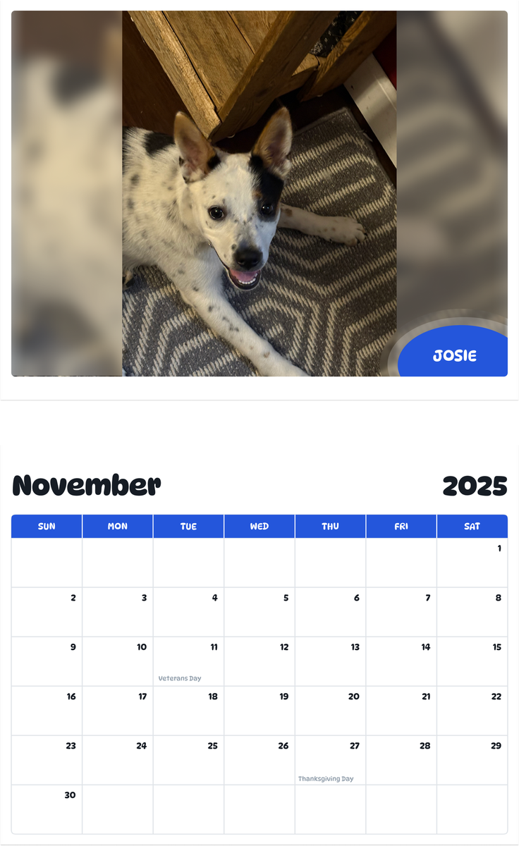 July 2025 - June 2026 Josie - Pawidols Pet Calendar