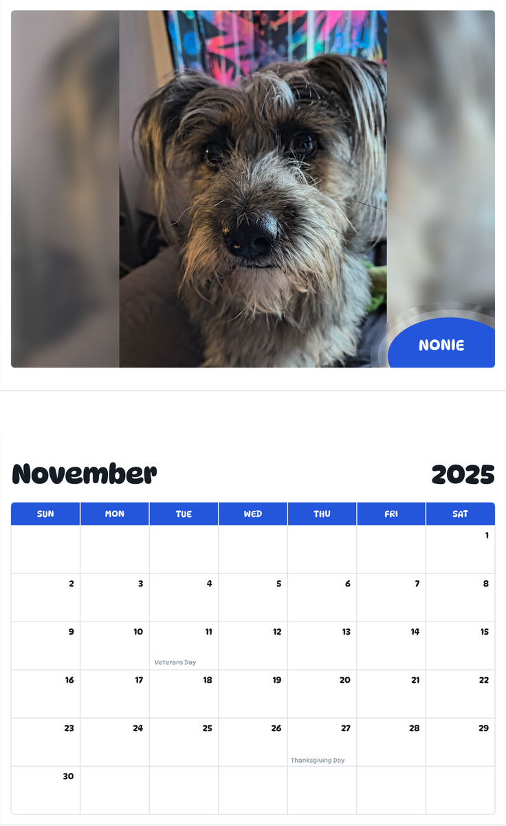 July 2025 - June 2026 Nonie - Pawidols Pet Calendar