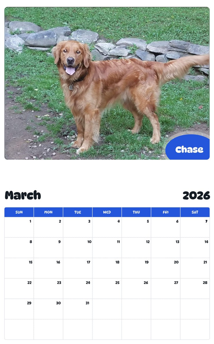 November 2025 - October 2026 Chase - Pawidols Pet Calendar