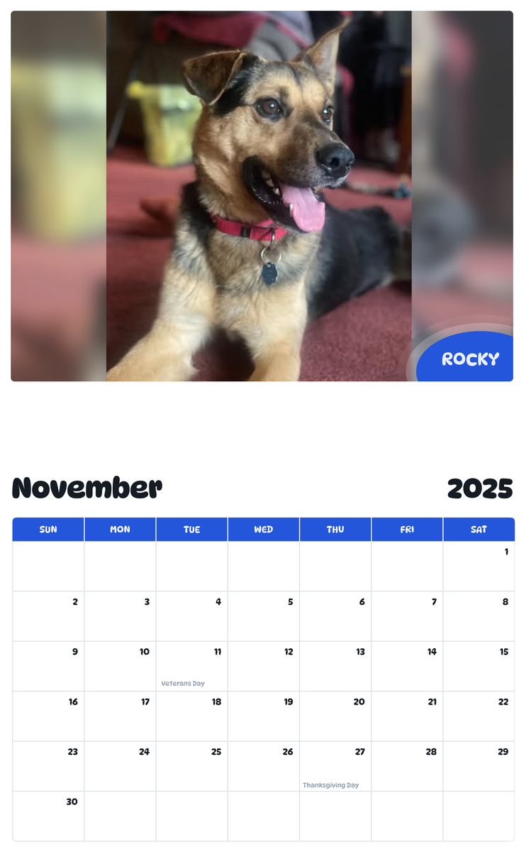 July 2025 - June 2026 Rocky - Pawidols Pet Calendar