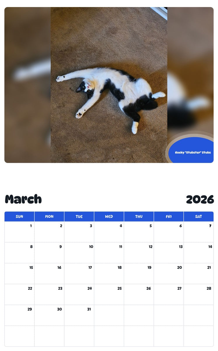 November 2025 - October 2026 Rocky "Stubster" Stubs - Pawidols Pet Calendar