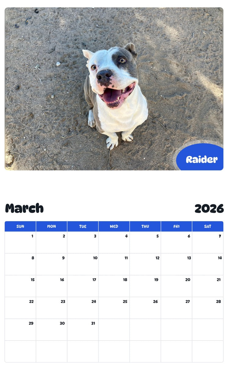 November 2025 - October 2026 Raider - Pawidols Pet Calendar