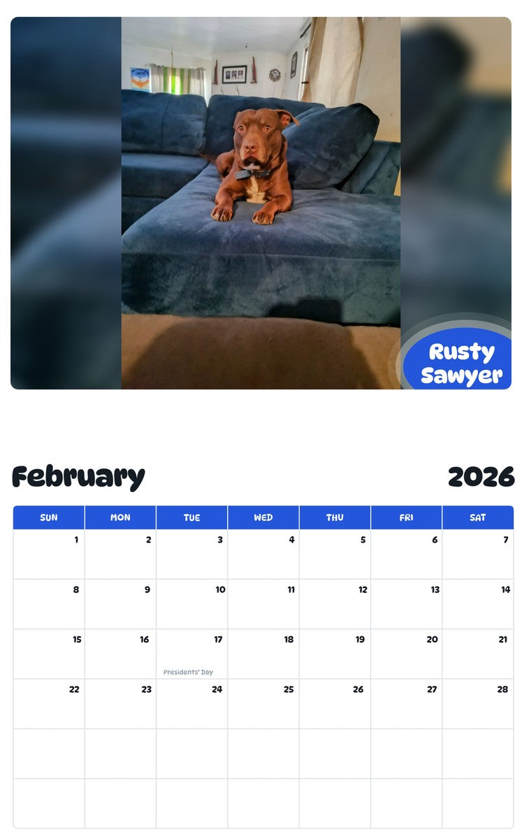 October 2025 - September 2026 Rusty Sawyer - Pawidols Pet Calendar