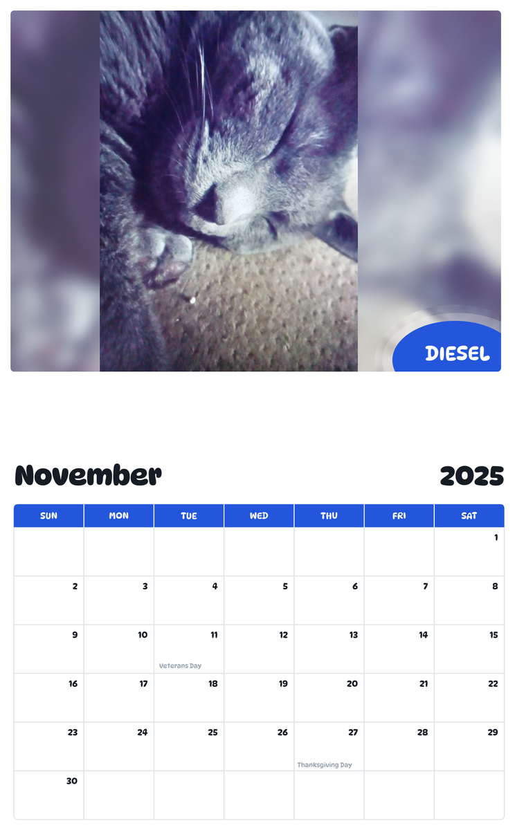 July 2025 - June 2026 Diesel - Pawidols Pet Calendar