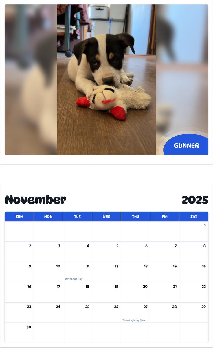 July 2025 - June 2026 Gunner - Pawidols Pet Calendar