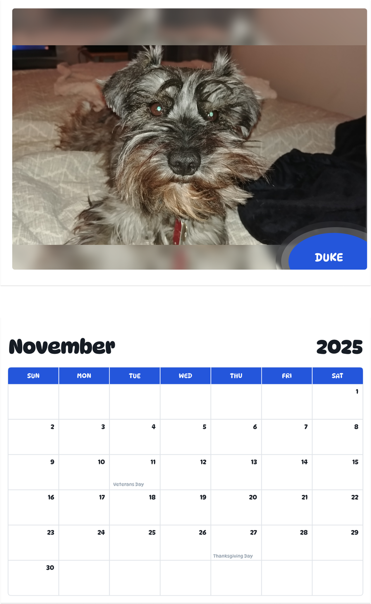 July 2025 - June 2026 Duke - Pawidols Pet Calendar
