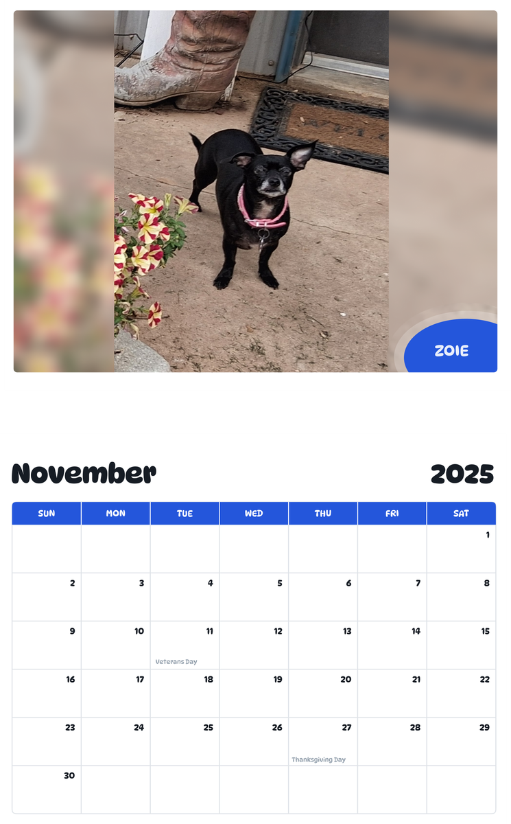 July 2025 - June 2026 Zoie - Pawidols Pet Calendar