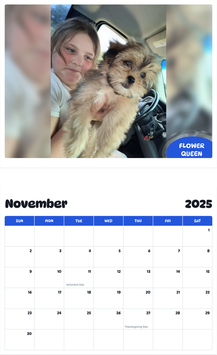July 2025 - June 2026 Flower Queen - Pawidols Pet Calendar