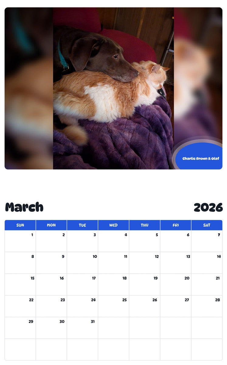 November 2025 - October 2026 Charlie Brown & Olaf - Pawidols Pet Calendar