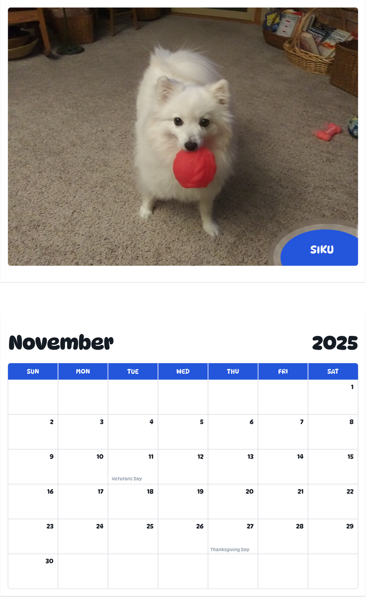 July 2025 - June 2026 Siku (cee coo) - Pawidols Pet Calendar