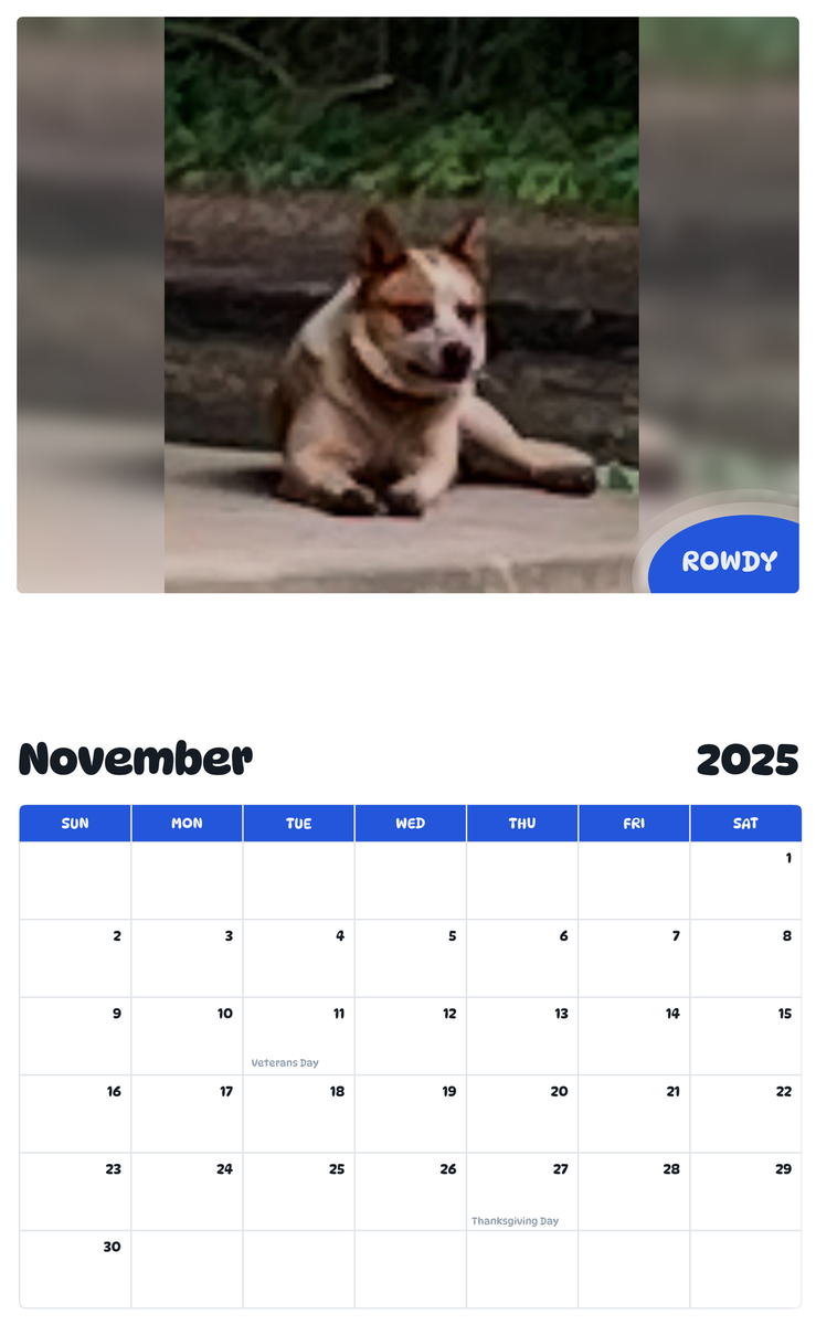 July 2025 - June 2026 Rowdy - Pawidols Pet Calendar
