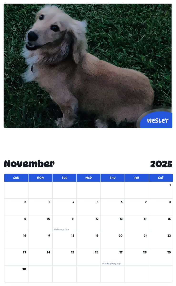 July 2025 - June 2026 Wesley - Pawidols Pet Calendar