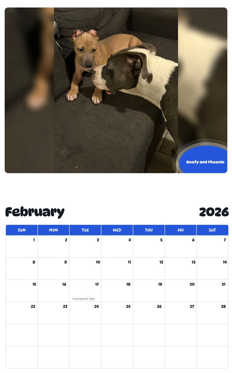 November 2025 - October 2026 Goofy and Phoenix - Pawidols Pet Calendar