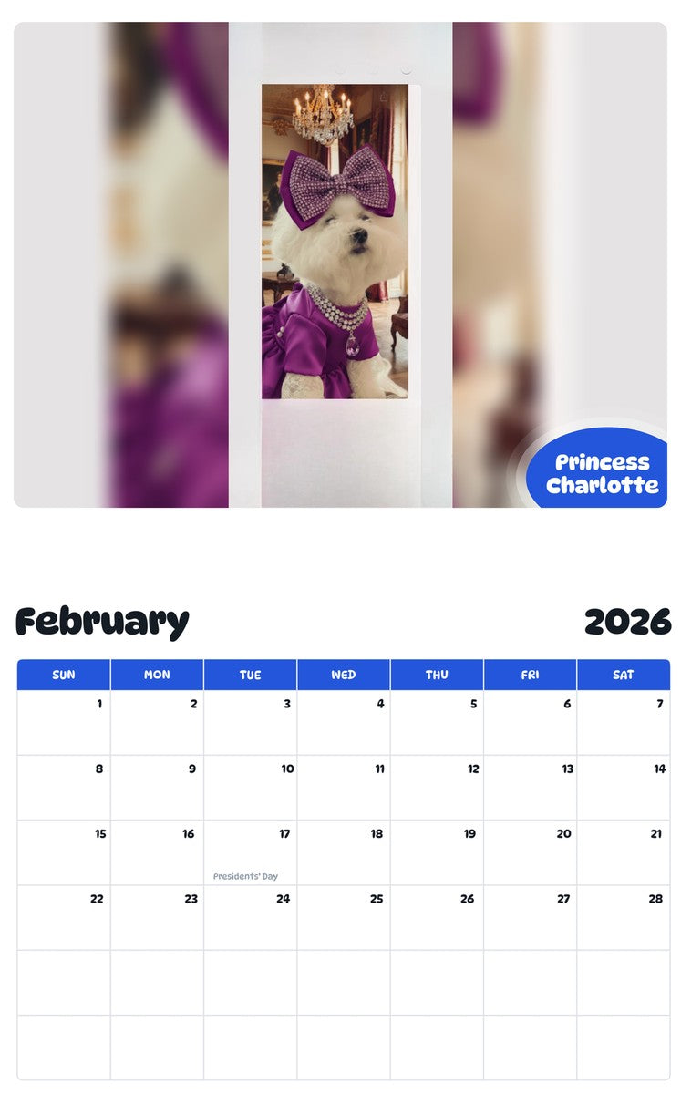 November 2025 - October 2026 Princess Charlotte - Pawidols Pet Calendar