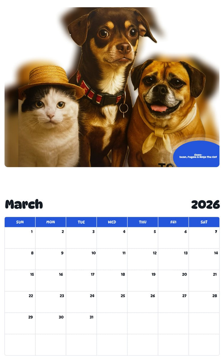 November 2025 - October 2026 Coco-bean, Pugsie & Ninja the Cat - Pawidols Pet Calendar
