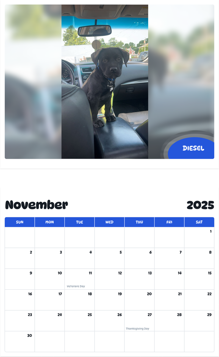 July 2025 - June 2026 Diesel - Pawidols Pet Calendar